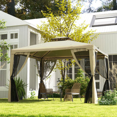 9.6' x 11.6' Patio Gazebo Outdoor Canopy Shelter with 2-Tier Roof and Netting, Steel Frame for Garden, Taupe