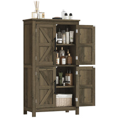 Bathroom Floor Storage Cabinet, Farmhouse Bathroom Cabinet with 4 Doors and Adjustable Shelf, Brown