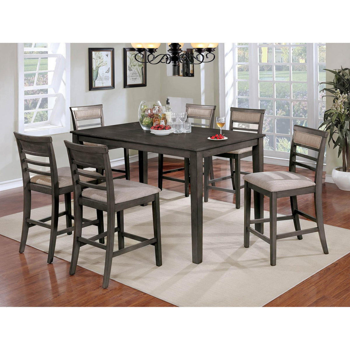 7pc Counter Height Dining Table Set 1x Table 6x Chairs Transitional Style Weathered Gray And Beige Finish Padded Cushion Slat Back Chairs