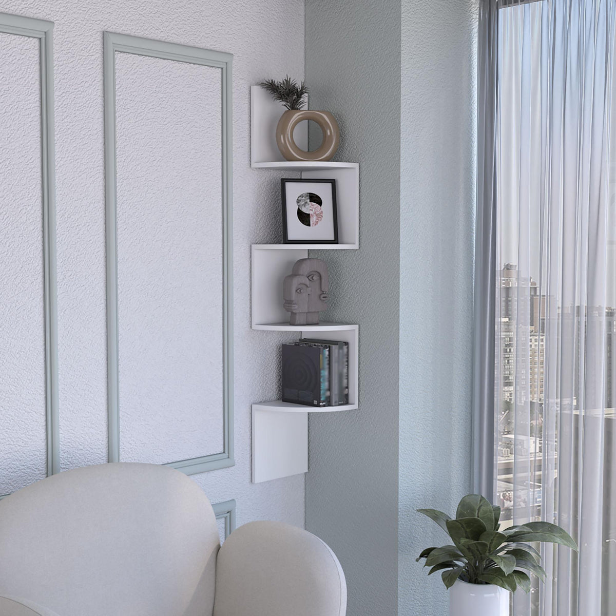 Theseus Corner Shelf, Modern Full-Wall Design with Multiple Shelving