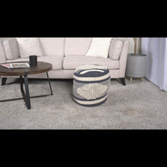 Log Handcrafted Fabric Cylindrical Pouf, White and Dark Blue