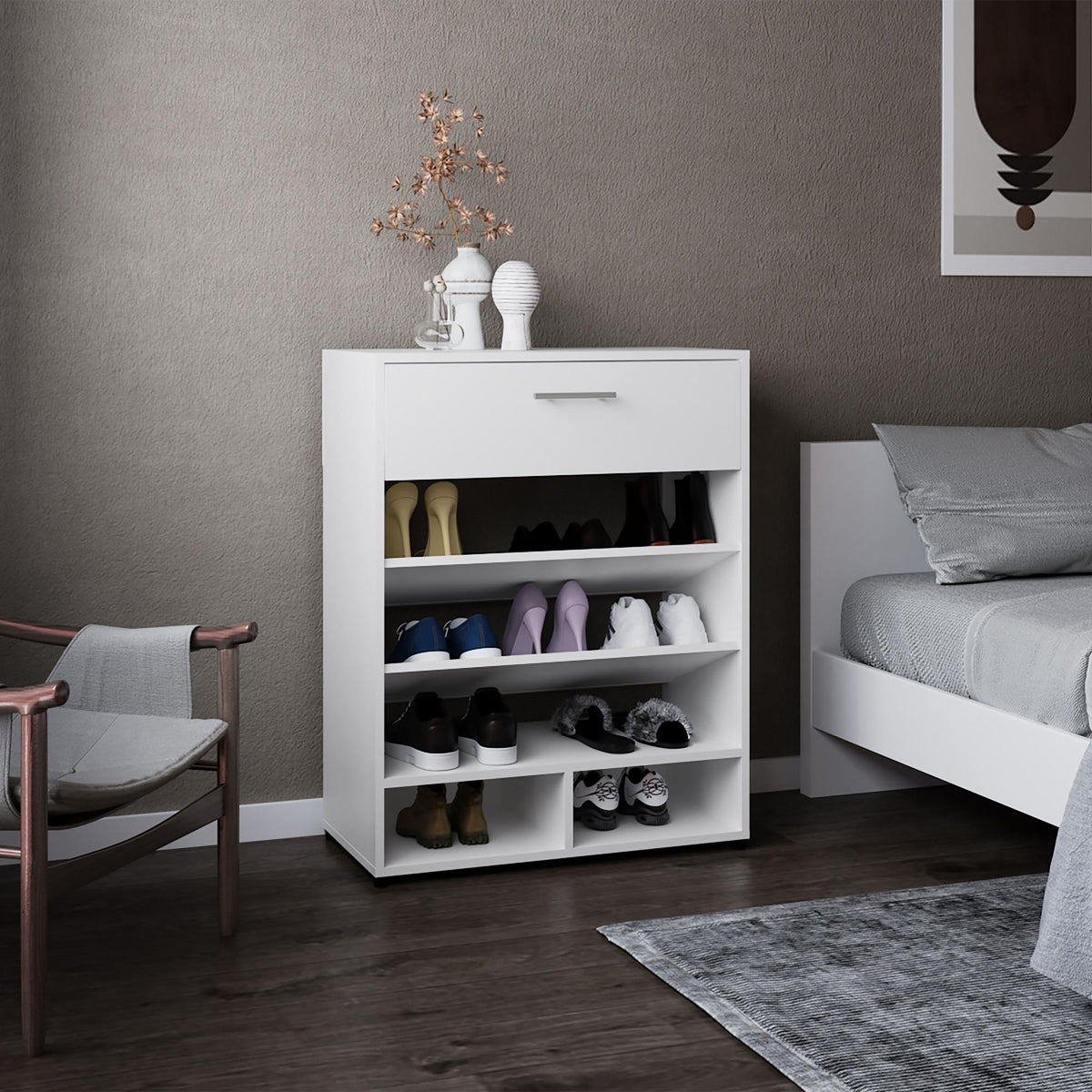 Vista Shoe Rack, 3-Tier, One Drawer, Five Shelves, Shoe Storage, White