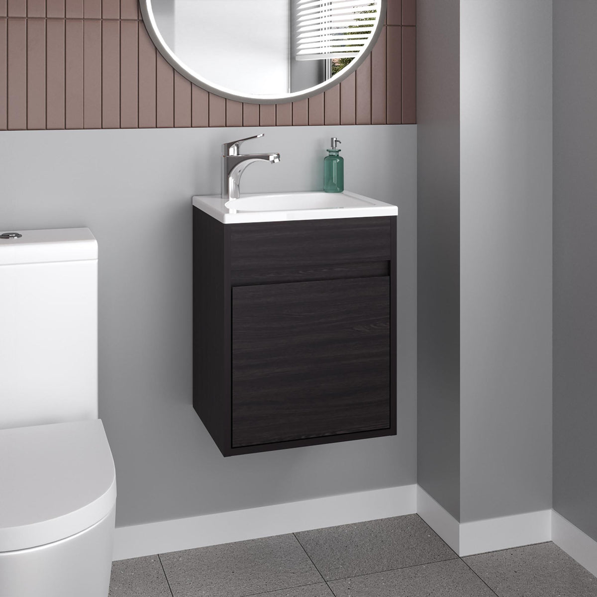 Apex Bathroom Vanity With Single Door And Open Shelf, Compact Floating Sink Base Cabinet, Black