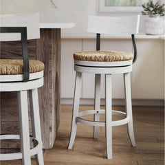 31" Wood Bar-Height Bar Stool with Natural Seagrass Seat, Reclaimed White, 1PC