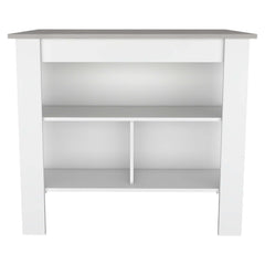 Kitchen Island, kitchen table 35" H, Four Legs, Three Open Storage Shelves, White / Ibiza Marble