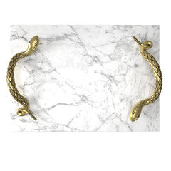 Andromache White Marble Decorative Serving Tray with Brass Snake Handles
