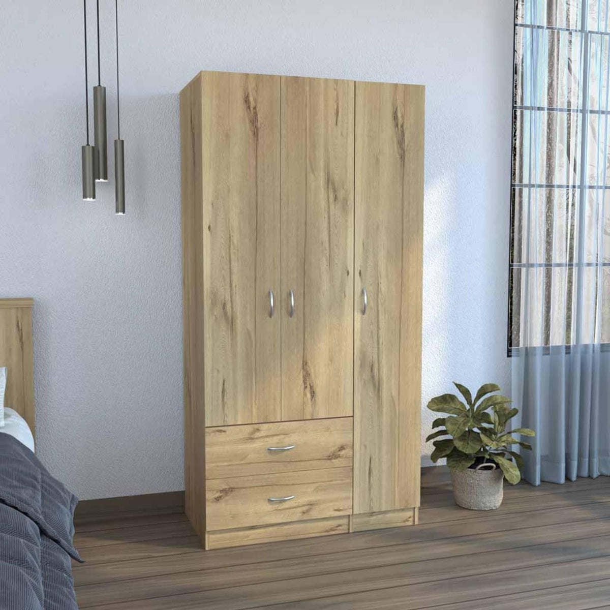 Crown 3 Door Armoire with Drawers, Shelves, and Hanging Rod -Light Oak / Black