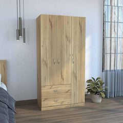 Crown 3 Door Armoire with Drawers, Shelves, and Hanging Rod -Light Oak / Black