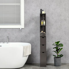 54" Tall Bathroom Storage Cabinet, Freestanding Linen Tower with 2-Tier Shelf and Drawers, Narrow Side Floor Organizer, Brown