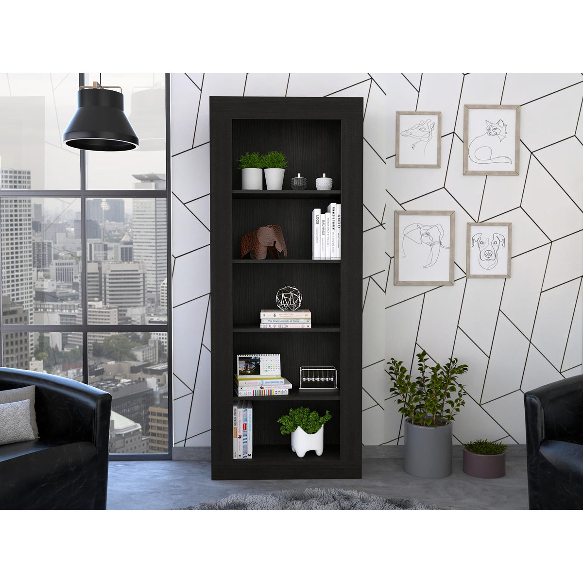 Waltz Bookcase, Vertical Design, Five Shelves -Black