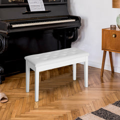 Piano Bench, Duet Piano Chair with Faux Leather Padded Cushion and Wooden Frame, Button Tufted Keyboard Bench, White