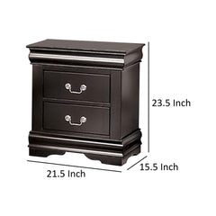 Crest Nightstand, 2 Drawers, Black Solid Wood, Nickel Metal Drop Handles