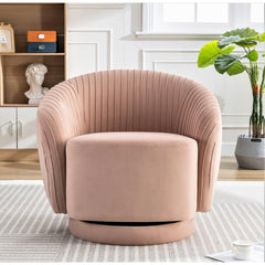 Velvet 366 Degree Swivel Barrel Chair, Pleated Modern Accent Armchair with Sturdy Base and Thick Padded Cushion, Leisure Round Sofa Chair for Living Room Bedroom Office Hotel Nursery