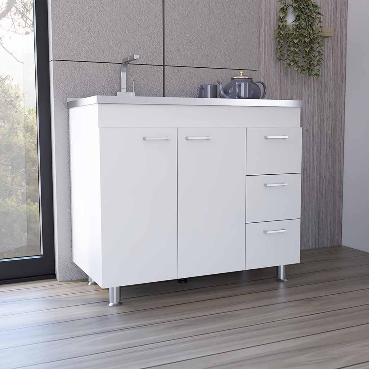 Aphrodite Base Cabinet , Three Drawers, Double Door, Four Legs -White