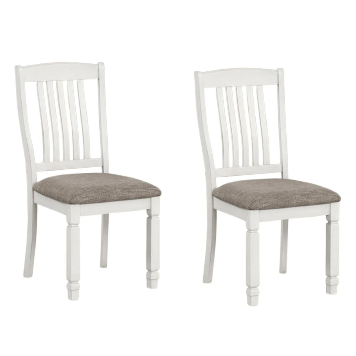 Comet Side Dining Chair Set of 2, Rustic White Wood, Gray Fabric, Slat Back
