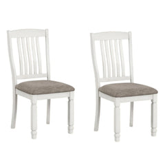 Comet Side Dining Chair Set of 2, Rustic White Wood, Gray Fabric, Slat Back
