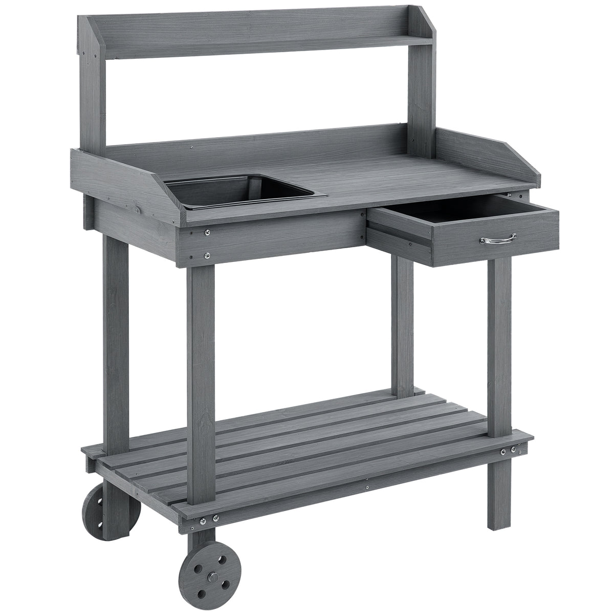 36'' Wooden Potting Bench Work Table with 2 Removable Wheels, Sink, Drawer & Large Storage Spaces, Gray