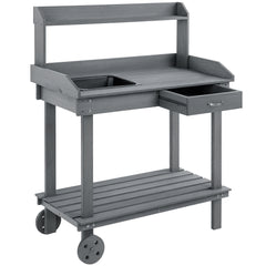 36'' Wooden Potting Bench Work Table with 2 Removable Wheels, Sink, Drawer & Large Storage Spaces, Gray