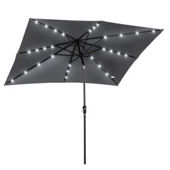 9' x 7' Solar Umbrella, LED Lighted Patio Umbrella for Table or Base with Tilt & Crank, Outdoor Umbrella for Backyard, Pool, Beach, Gray