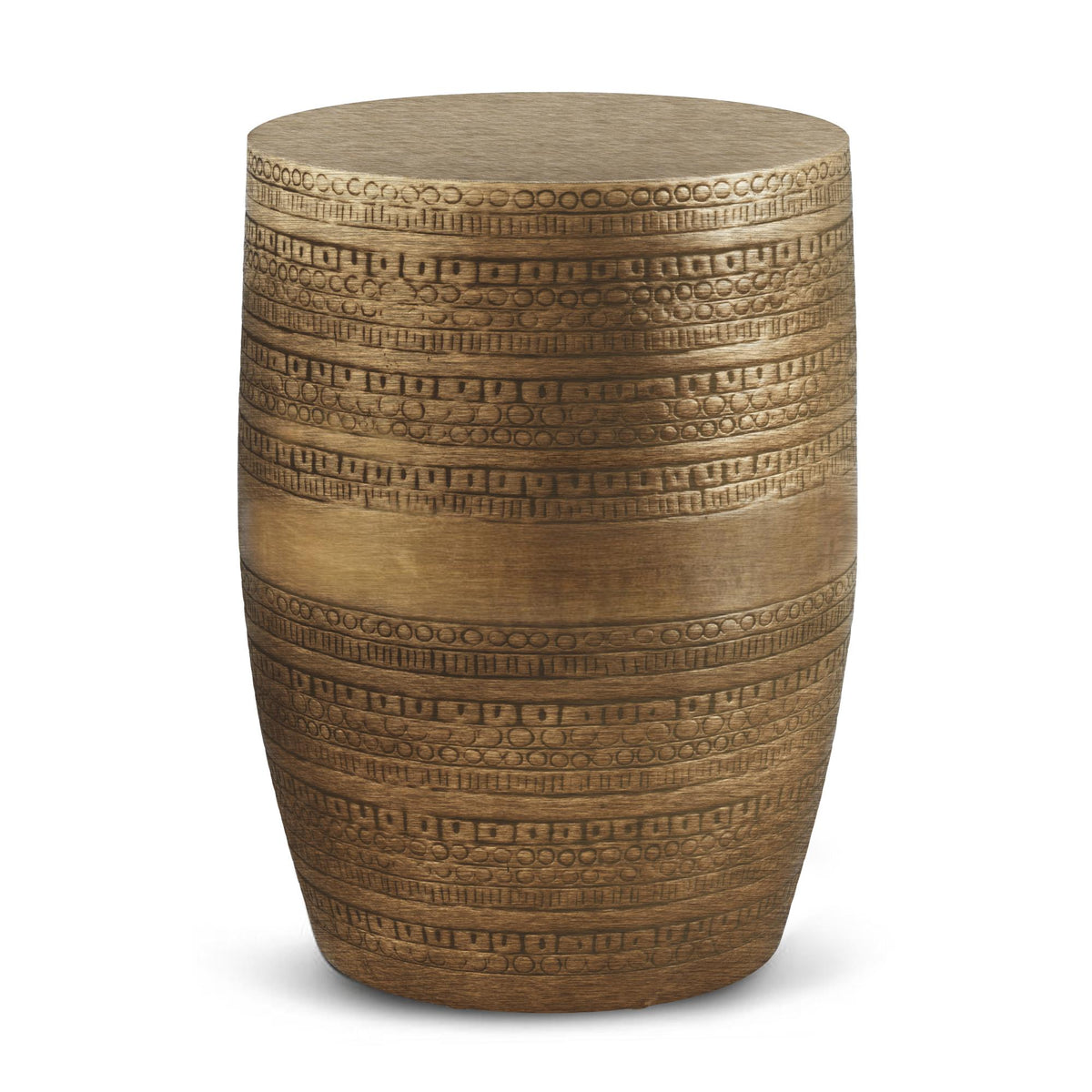 Perseus 15 inch Wide Tribal Pattern Metal Accent Table in Antique Gold