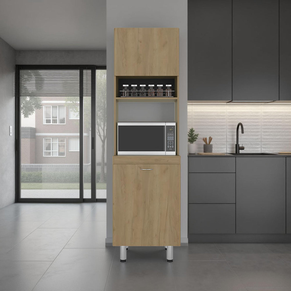 Aria Tall Freestanding Kitchen Pantry and Cabinet with Open Space for Microwaves or Coffee Station, One Superior Cabinet, One Low Storage Cabinet and Open Shelf