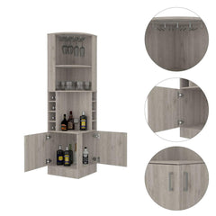 Story Corner Bar Cabinet, Eight Bottle Cubbies, Double Door, Two Open Shelves