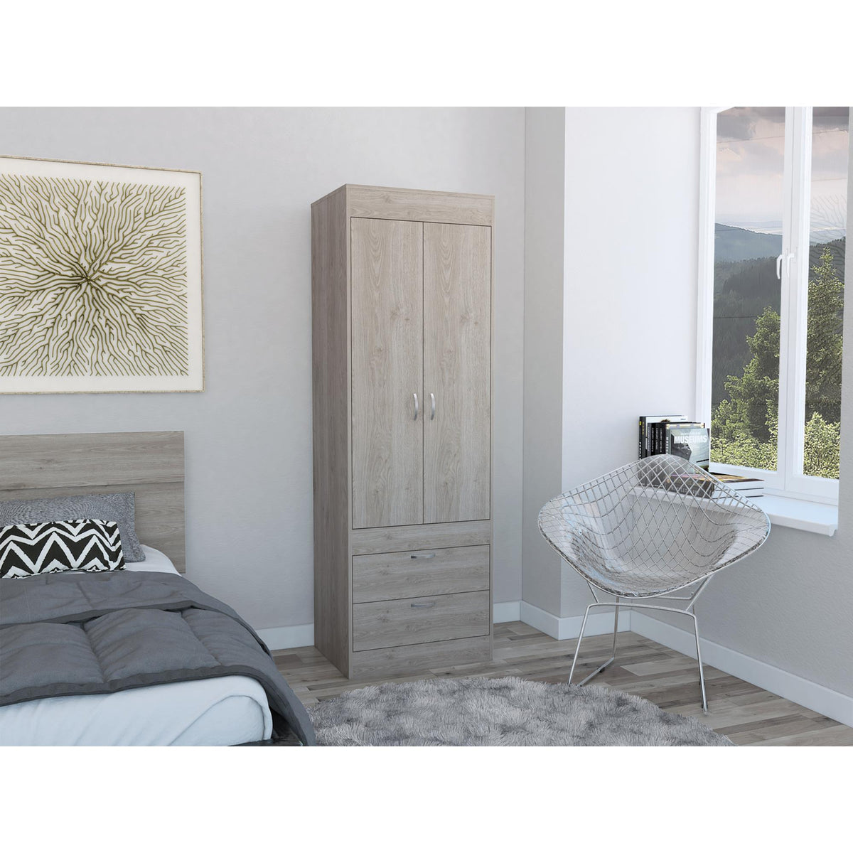 Rhea Armoire, Rod, Double Door, Two Drawers, Metal Handles Light Gray