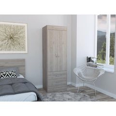 Rhea Armoire, Rod, Double Door, Two Drawers, Metal Handles Light Gray
