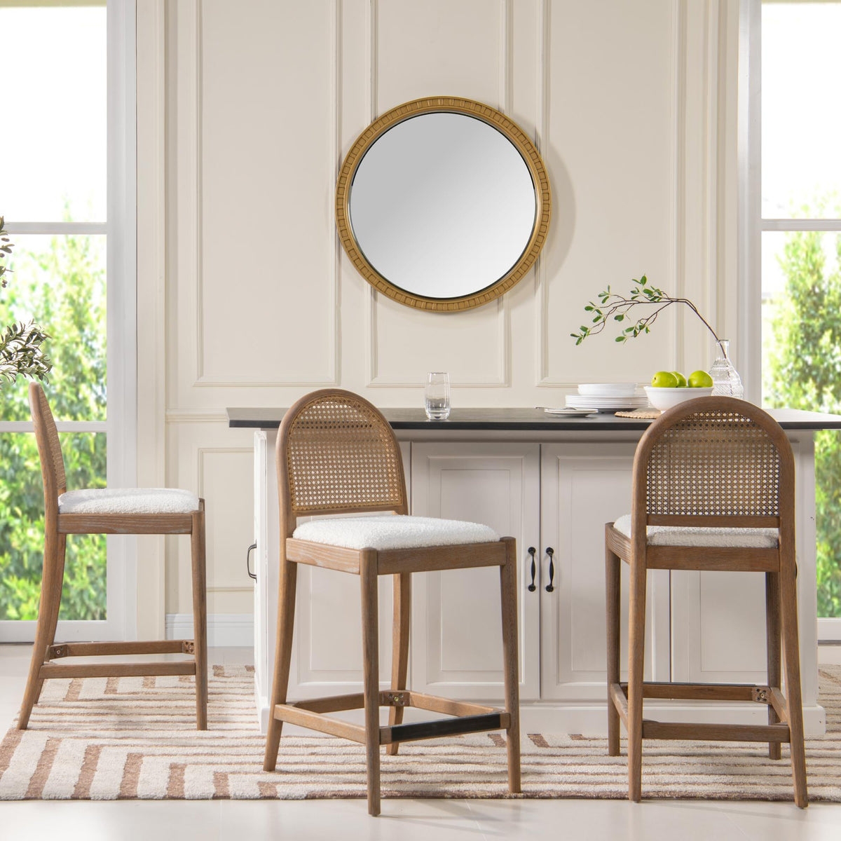 Neptune 26.5" Curved Back Cane Rattan Counter Stool, Set of 2, Ivory White Boucle