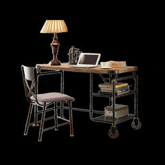 Industrial Inspired Desk With An Antique Black Metal Construction Replicated Wood Top And Caster Wheel Accents