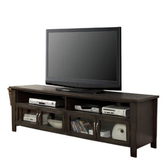 Transitional Style TV Console Base With Dual Cabinet And Two Open Shelves 3mm Tempered Glass On Cabinet Doors Rear Wearing Access Gray Finish