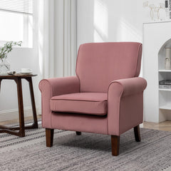 Traditional Rolled Arm Armchair, Solid Birch Wood Frame with Tapered Brown Legs, Polyester Blend Printed Cloth Upholstered Chair with Foam Filled Seat for Living Room Office