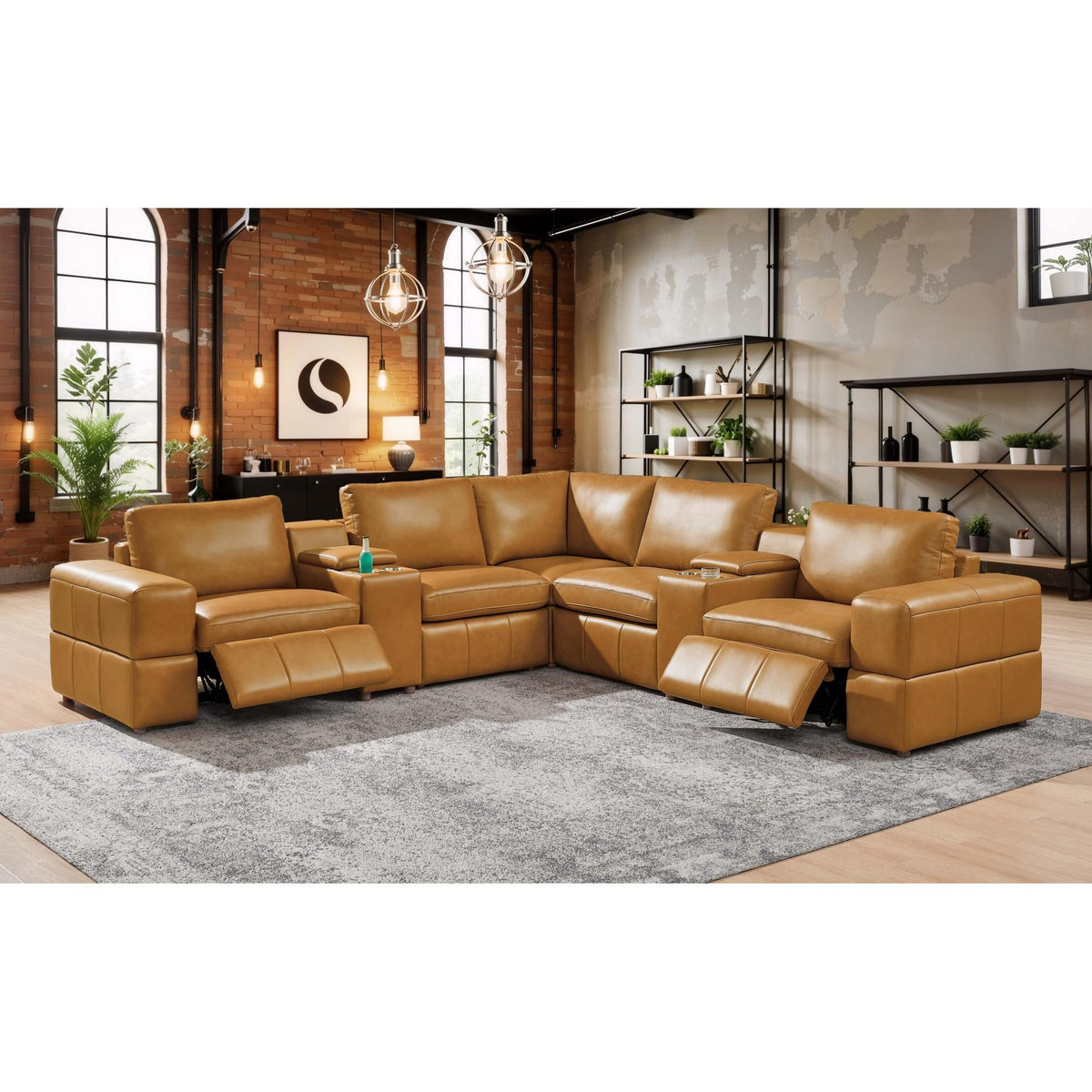 Premium Leather Match Upholstered Large Arms Sectional with Two Recliner Seats