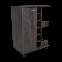 Bar Cart, Two External Shelves, Four Casters, Six Built-in Wine Rack, Single Door Cabinet -Espresso