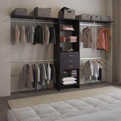 Clytemnestra 69"W - 118"W Drawers Closet System, Five Shelves, Four Hanging Rods, Three Drawers Black Wengue