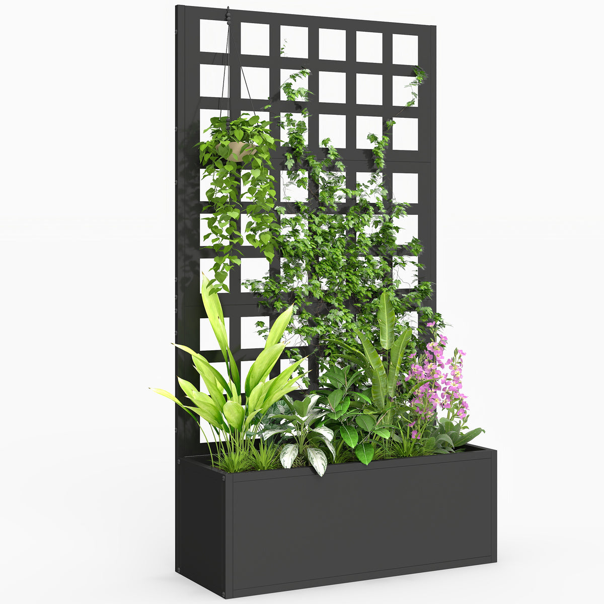 Galvanized Raised Garden Bed Planter Box with Trellis for Climbing Plants, Vegetable, Vines, 24" x 9" x 44.5", Black