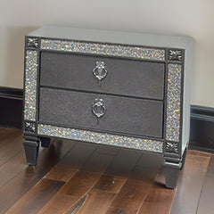 Vault Nightstand, 2 Drawers, Crystal Like Acrylic Trim, Gray Solid Wood