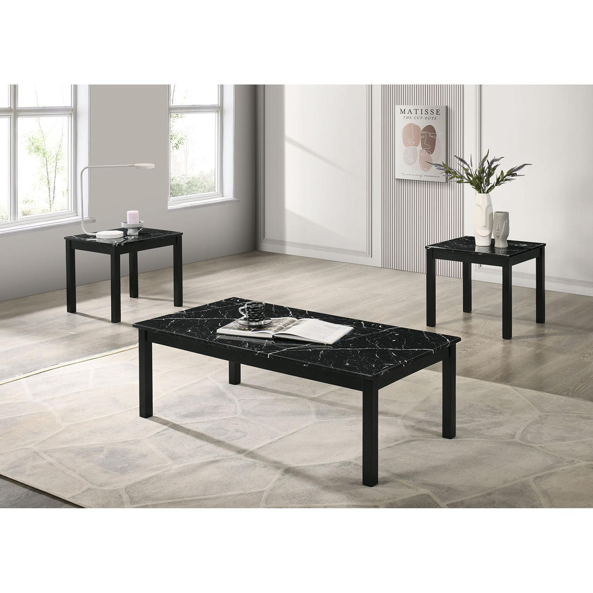 Contemporary Style 3pc Table Set 1x Coffee Table 2x End Table Faux Marble Top Wooden Legs Black Finish Primary Living Room