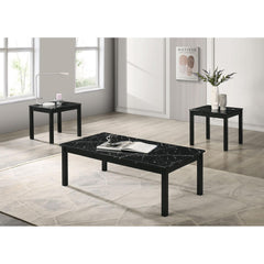 Contemporary Style 3pc Table Set 1x Coffee Table 2x End Table Faux Marble Top Wooden Legs Black Finish Primary Living Room