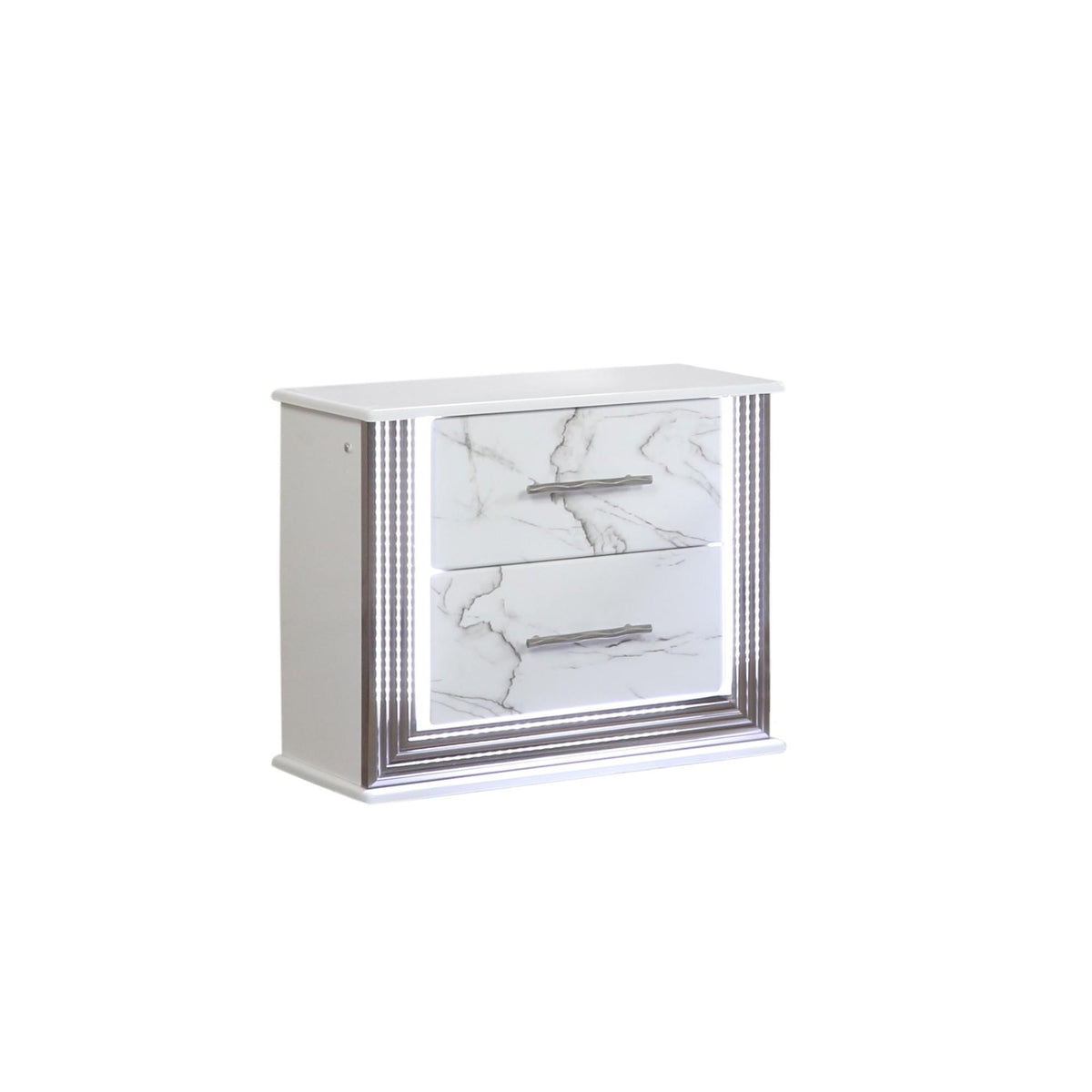 Diary Nightstand – Marble-Inspired Drawer Fronts, LED Side Lighting, and Metallic Trim for Glamorous and Practical Bedside Storage