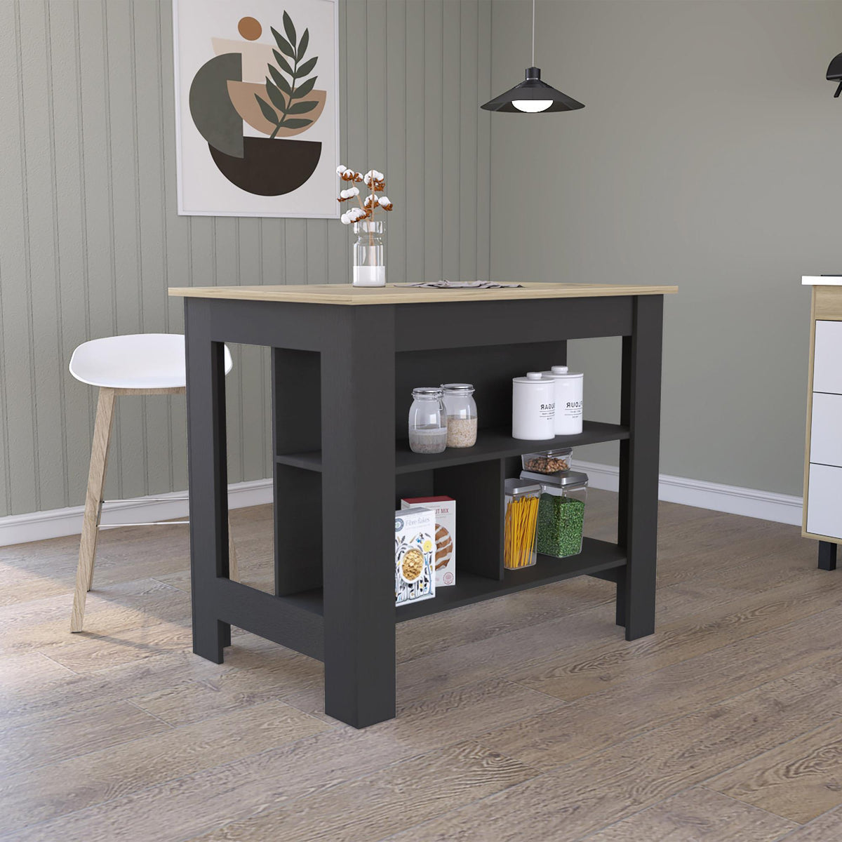Astyanax Kitchen Island, Four Legs, Three Shelves -Black / Light Oak