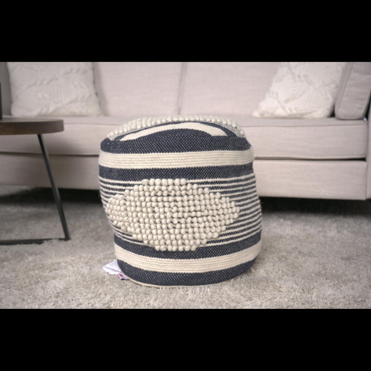 Log Handcrafted Fabric Cylindrical Pouf, Beige and Dark Grey