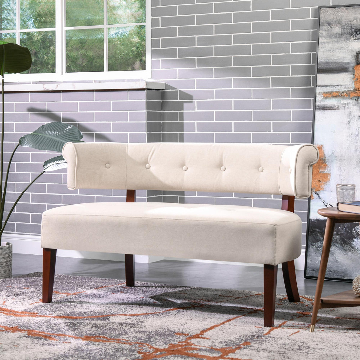 Sun Roll Arm Tufted Bench Settee, Sky Neutral Beige Polyester
