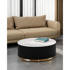 1pc Round Cocktail Table Marble Top Gold Accent Plinth Base Black White And Gold Finish Primary Living Room