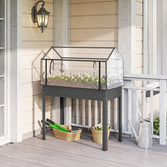 Elevated Garden Box with Greenhouse Cover, Raised Garden Bed with Legs and Drainage Hole for Vegetables, Dark Gray
