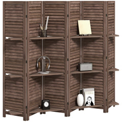 6 Panel 67" Tall Wood Privacy Screen Room Divider with 3 Shelves and Folding Storage for Bedroom, Walnut