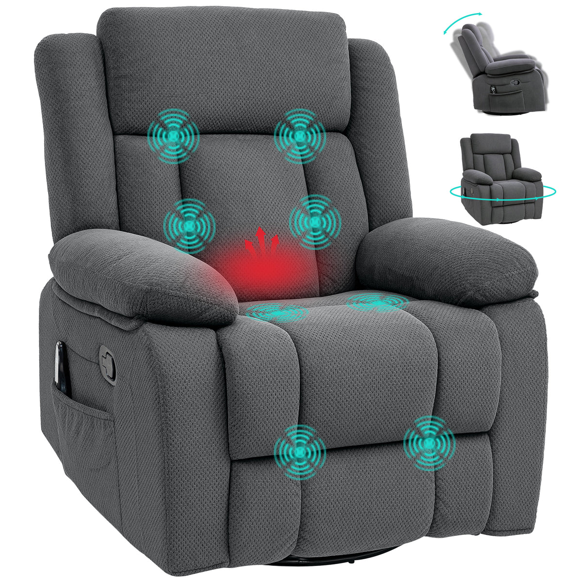 Recliner Massage Armchair with Heat, Oversized Swivel Rocker with Footrest, Remote and Side Pockets, Gray