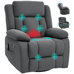Recliner Massage Armchair with Heat, Oversized Swivel Rocker with Footrest, Remote and Side Pockets, Gray
