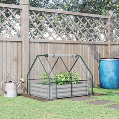 4 x 3 x 3ft Raised Garden Bed with Mini Greenhouse, Galvanized Raised Garden Bed with Cover for Herbs and Vegetables, Small Greenhouse for Patio Garden Balcony, Clear and Gray