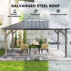 12' x 16' Hardtop Gazebo with Galvanized Steel Roof, UPF50+ Wood Permanent Pavilion with Clear Roof Top, Light Walnut